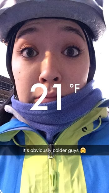 Snapchat of Keara biking in the cold