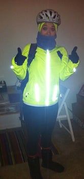 Keara, biking to work in reflective gear